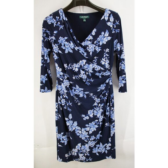 Lauren Ralph Lauren Floral 3/4 Sleeve Knee Length Body Con Dress Navy 8 - Picture 1 of 8